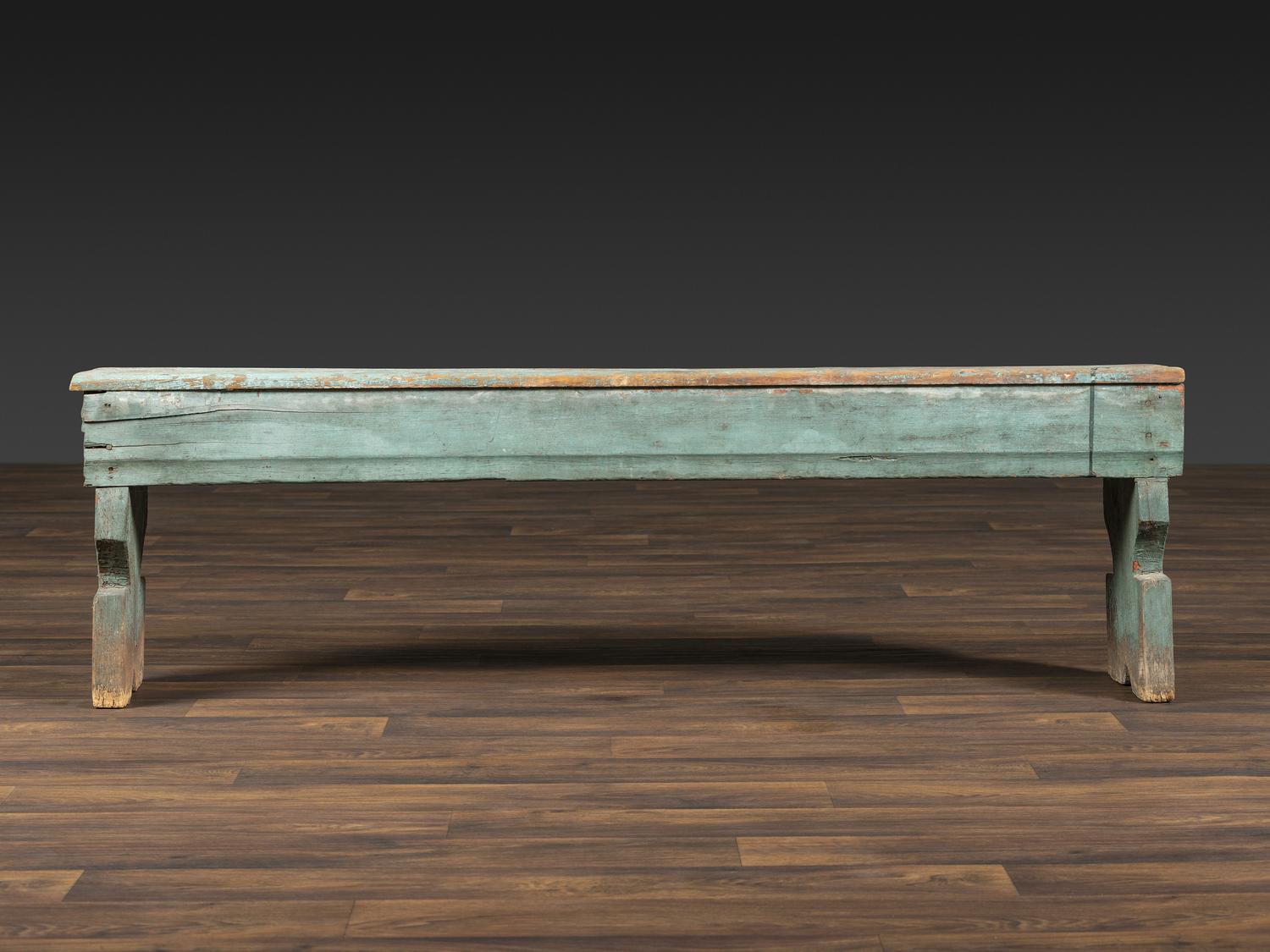 A Primitive Country Blue Painted Pine Bucket Bench