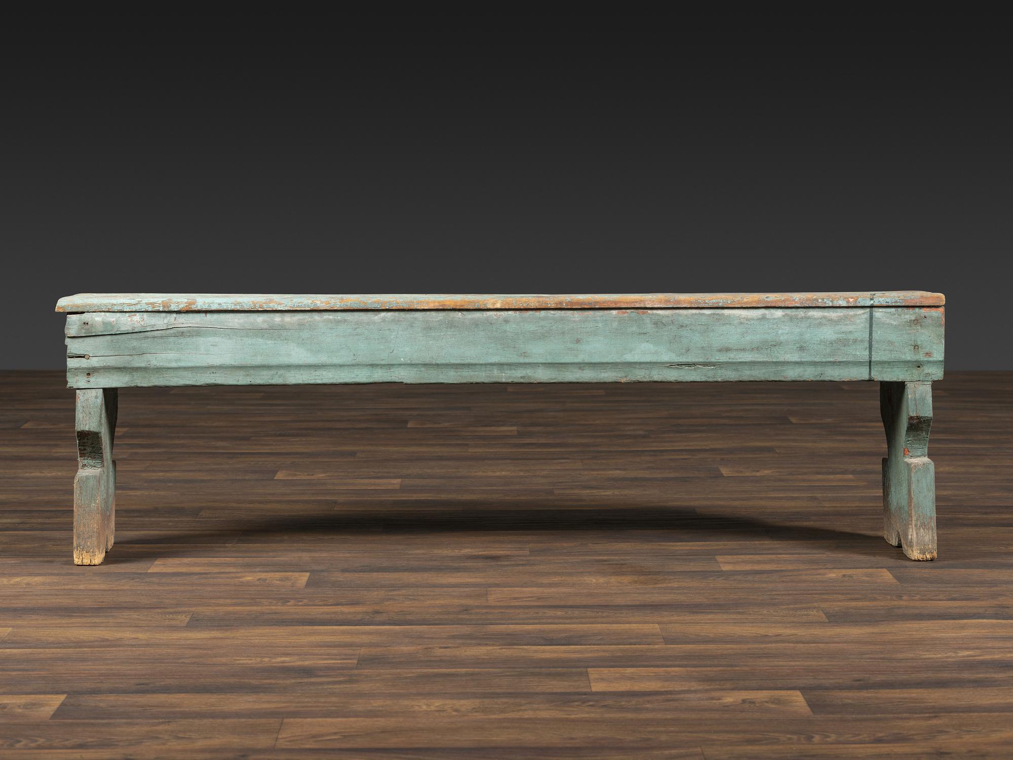 A Primitive Country Blue Painted Pine Bucket Bench