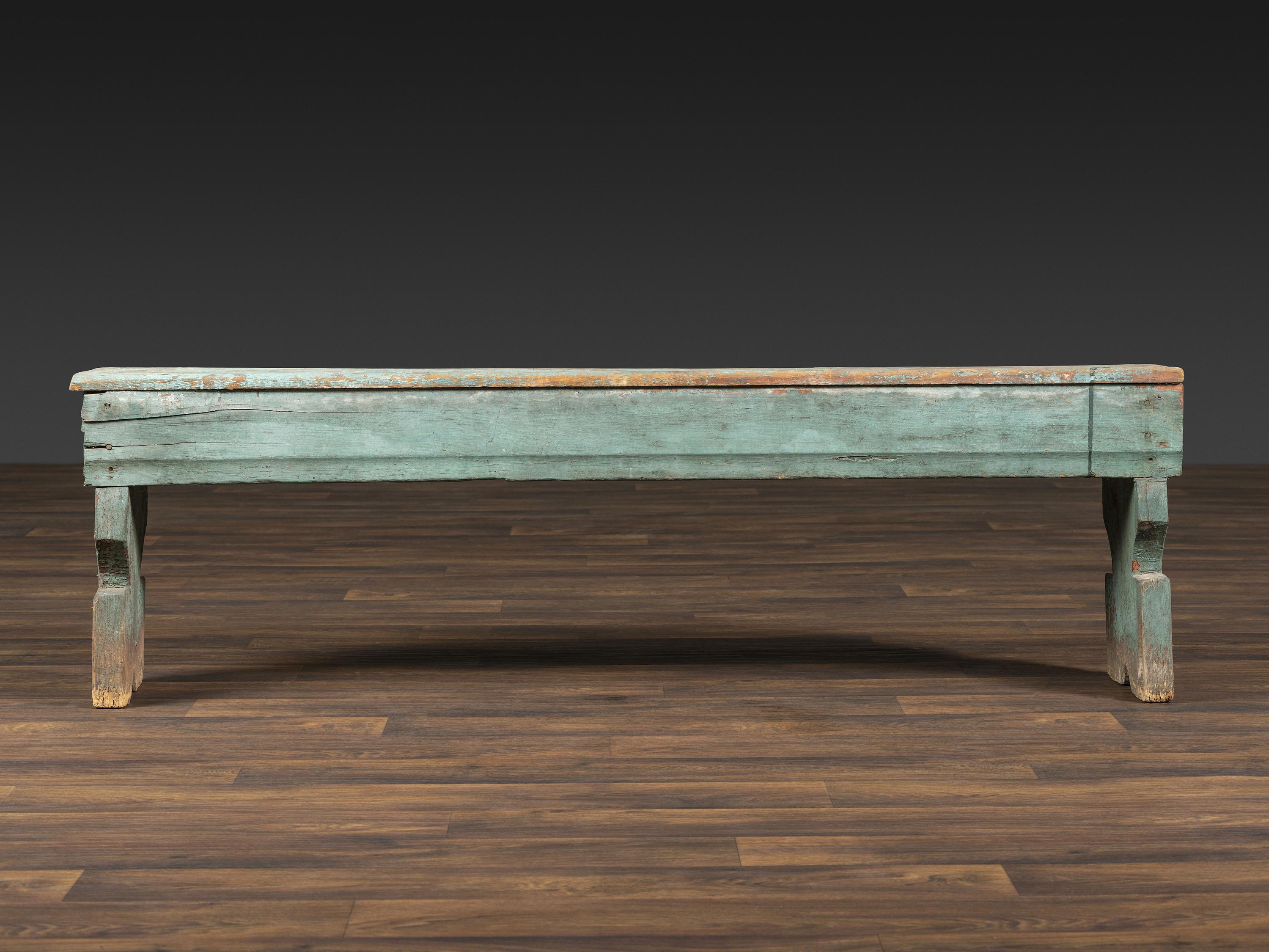 A Primitive Country Blue Painted Pine Bucket Bench