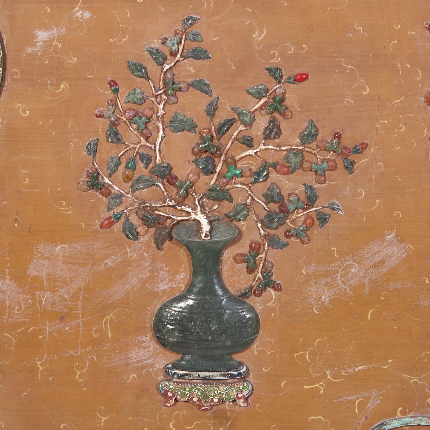 A Large Chinese Jade, Hardstone and Mother-of-Pearl Inlaid Hanging Screen, 19th/20th Century 晚清/民國 黃漆地螺鈿框嵌百寶博古圖大挂屏