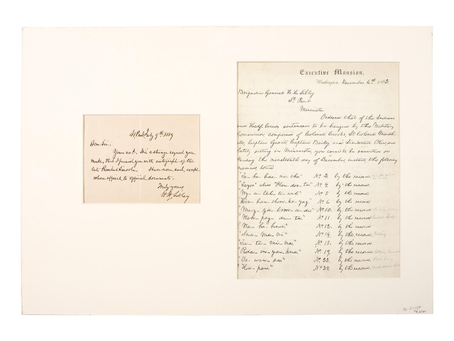 [SIOUX UPRISING AND EXECUTION]. LINCOLN, Abraham (1809-1865). Facsimile of Lincoln's autograph letter to General Henry H. Sibley with autograph letter signed from Henry Sibley.