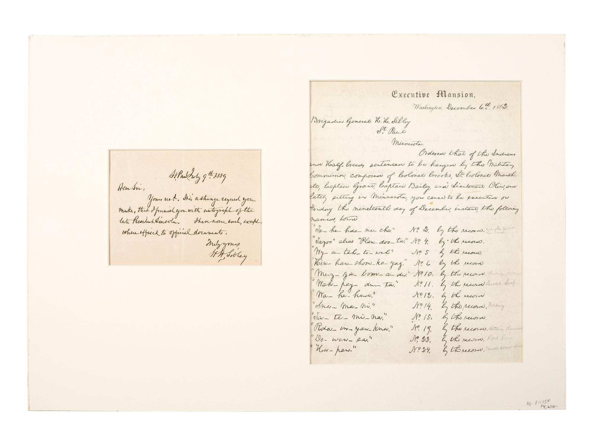 [SIOUX UPRISING AND EXECUTION]. LINCOLN, Abraham (1809-1865). Facsimile of Lincoln's autograph letter to General Henry H. Sibley with autograph letter signed from Henry Sibley.