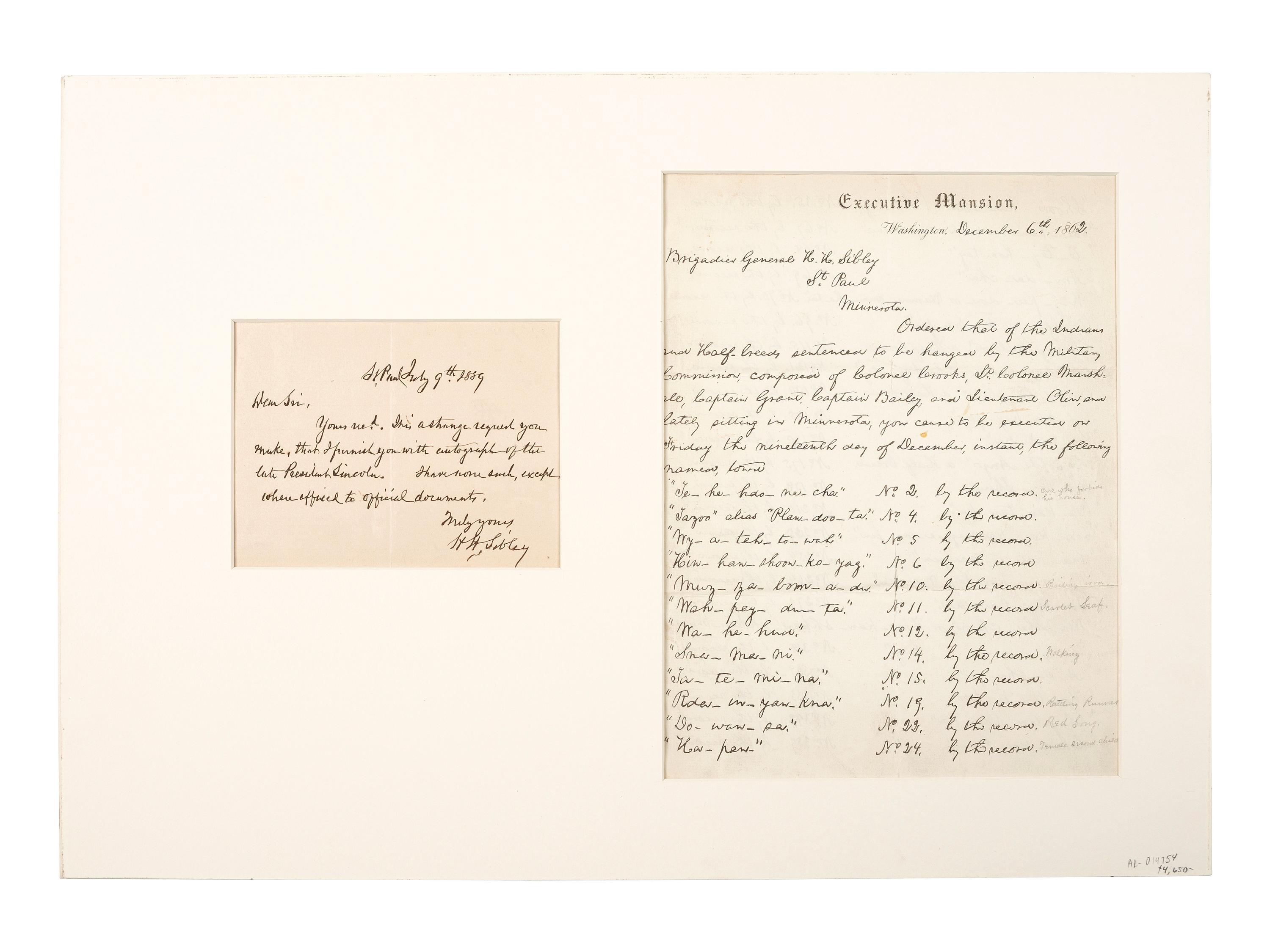 [SIOUX UPRISING AND EXECUTION]. LINCOLN, Abraham (1809-1865). Facsimile of Lincoln's autograph letter to General Henry H. Sibley with autograph letter signed from Henry Sibley.