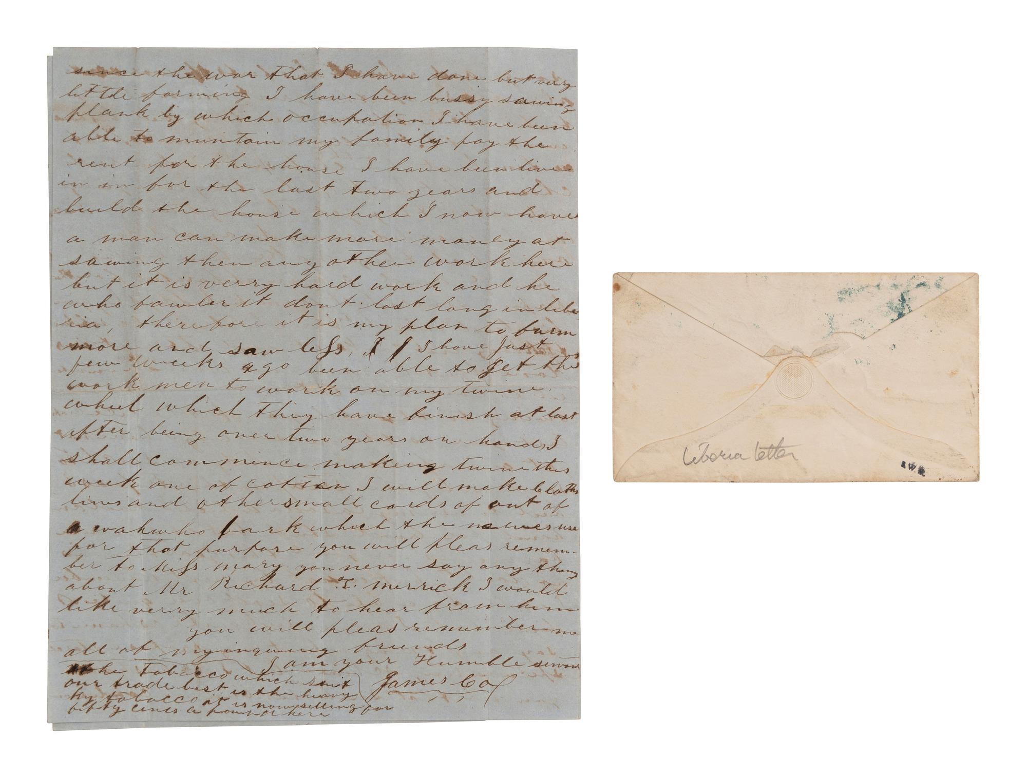 [LIBERIA]. COX, James. ALS describing cannibalism. Harper, Cape Palmas, 7 Aug 1859.