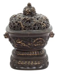 A Covered Chinese Bronze Incense Burner Height 13 inches.