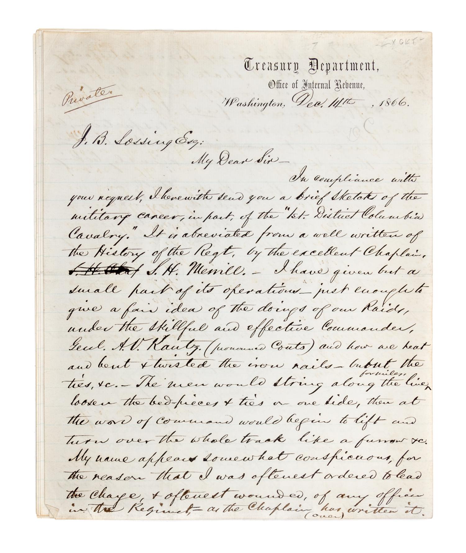 (CIVIL WAR) CURTIS, D.S., Col. 10 pp. mss, Washington, DC, December 4, 1866. Re: account of raids, railroad sabotage, et. With 1p. ALS