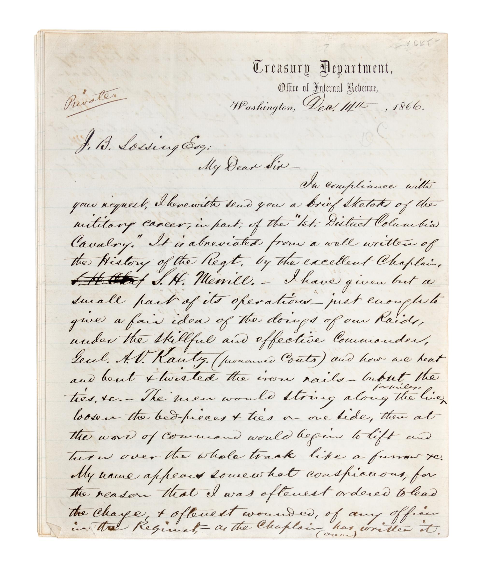 (CIVIL WAR) CURTIS, D.S., Col. 10 pp. mss, Washington, DC, December 4, 1866. Re: account of raids, railroad sabotage, et. With 1p. ALS