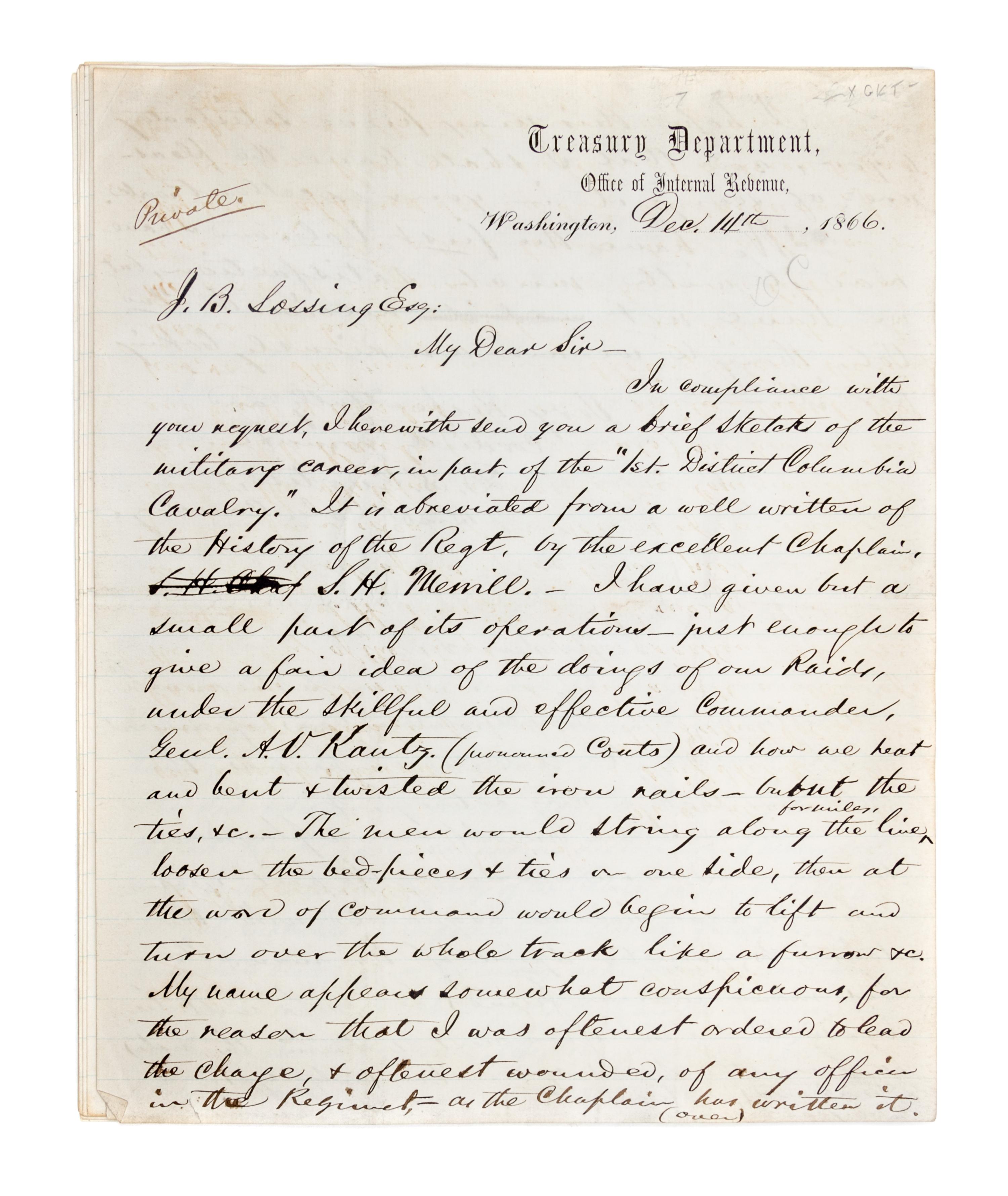 (CIVIL WAR) CURTIS, D.S., Col. 10 pp. mss, Washington, DC, December 4, 1866. Re: account of raids, railroad sabotage, et. With 1p. ALS