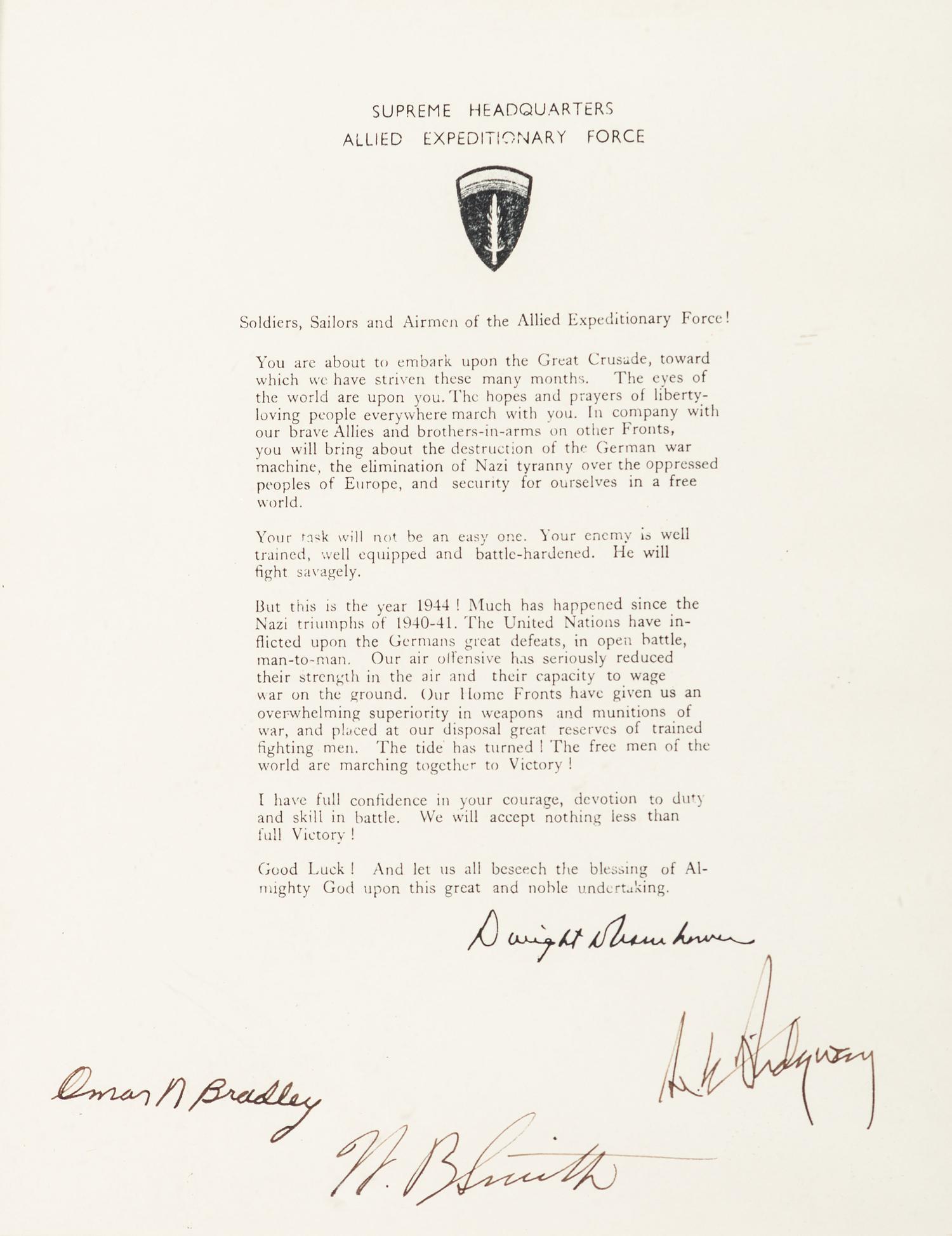 [EISENHOWER, Dwight D.]. Copy of Eisenhower's Order of the Day issued to US servicemen on 5 June 1944, signed by Omar BRADLEY, Walter Bedell SMITH, and Matthew B. RIDGWAY.