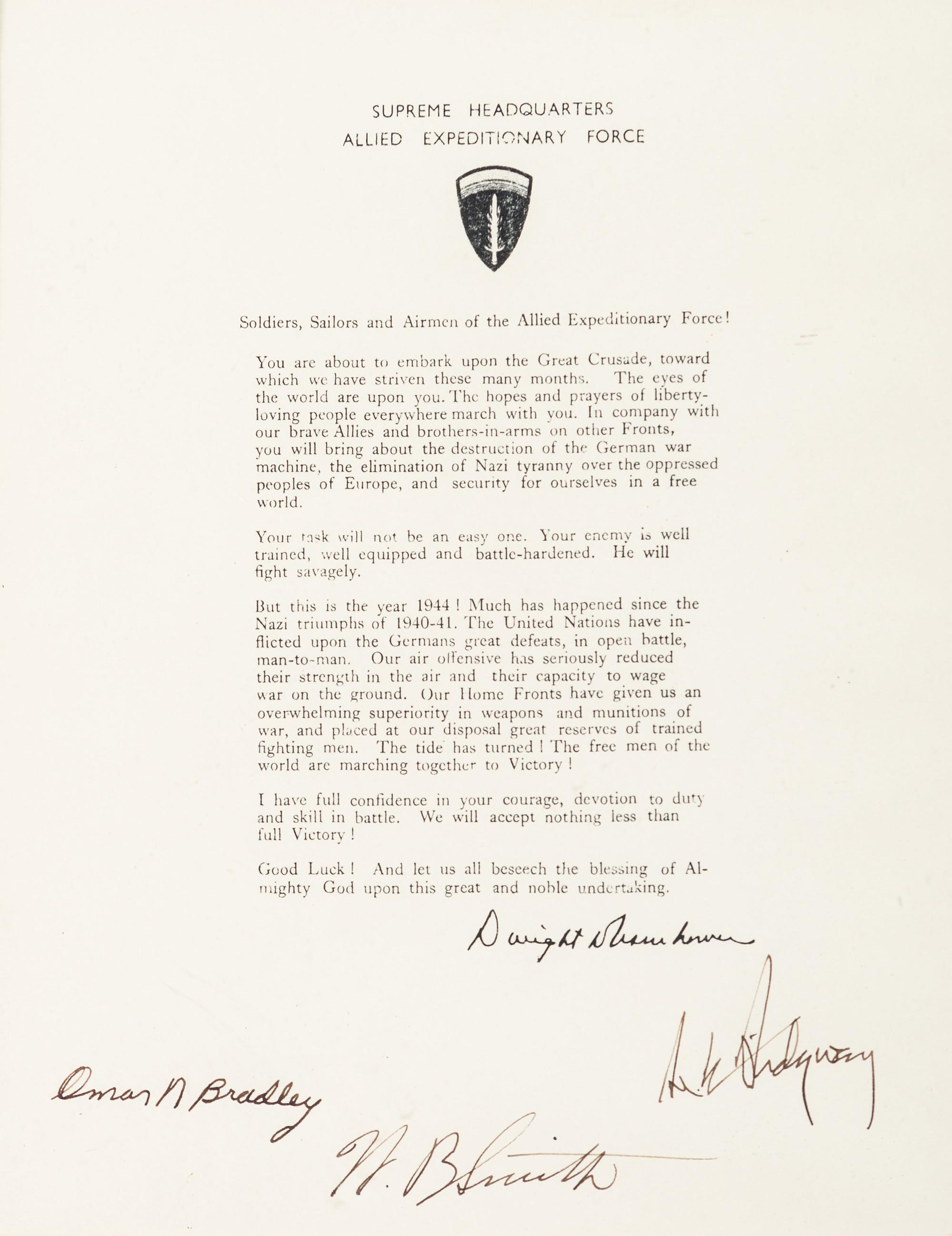 [EISENHOWER, Dwight D.]. Copy of Eisenhower's Order of the Day issued to US servicemen on 5 June 1944, signed by Omar BRADLEY, Walter Bedell SMITH, and Matthew B. RIDGWAY.