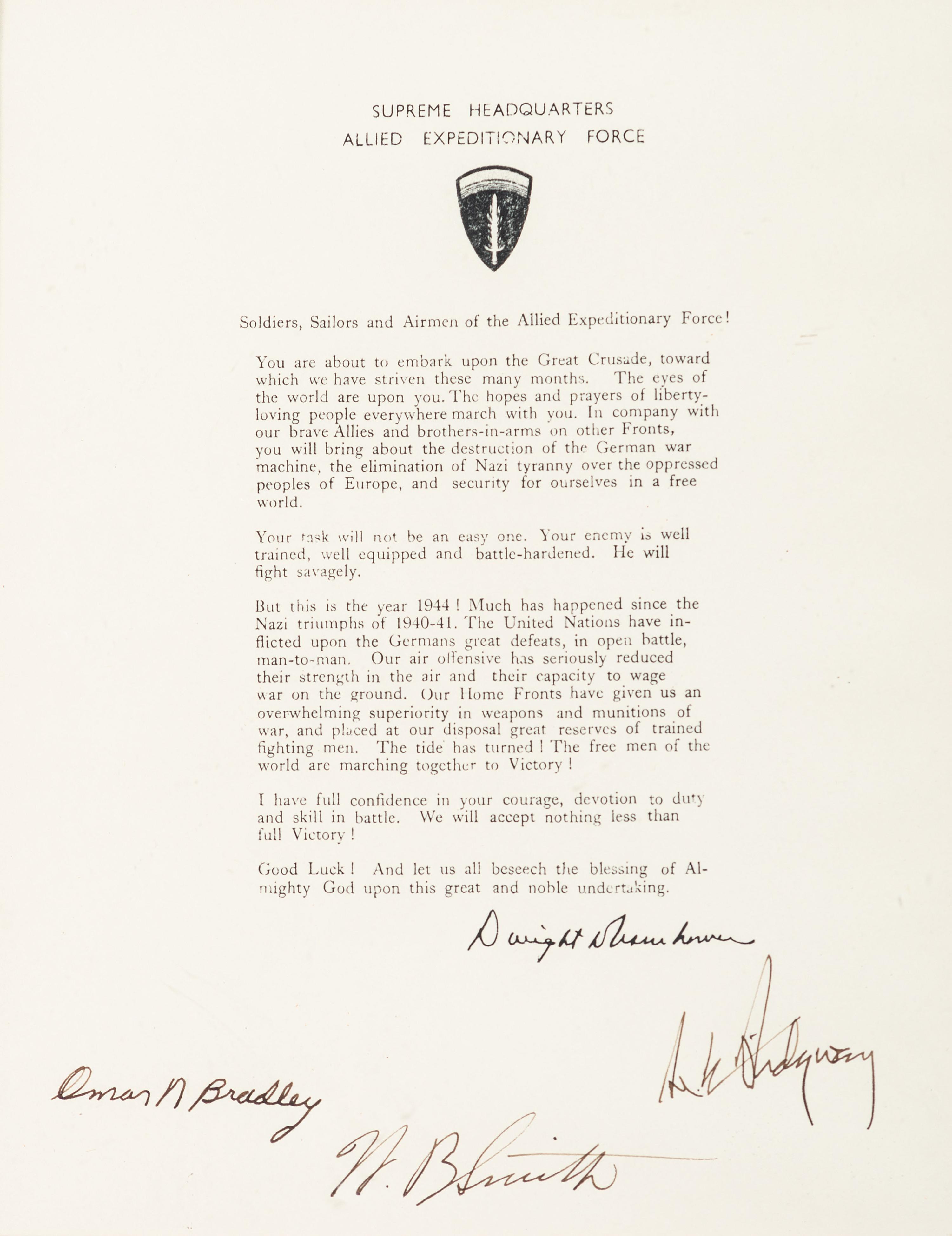 [EISENHOWER, Dwight D.]. Copy of Eisenhower's Order of the Day issued to US servicemen on 5 June 1944, signed by Omar BRADLEY, Walter Bedell SMITH, and Matthew B. RIDGWAY.