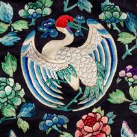 A Chinese Navy Satin Ground Embroidered Silk 'Dragon and Crane' Robe, Qiagua , Late 19th Century 清晚期 石青緞地綉龍紋團鶴紋袷褂