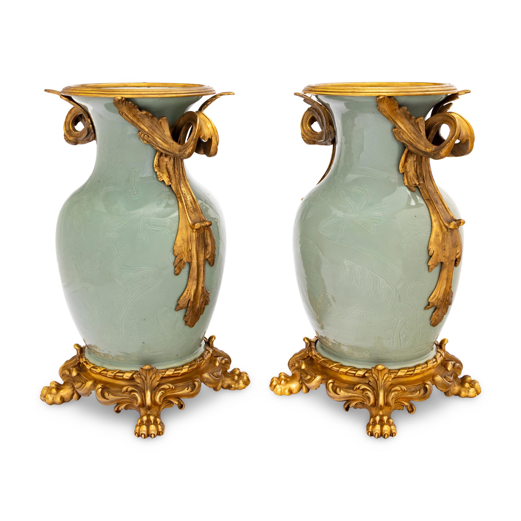 A Pair of Chinese Celadon Porcelain and French Gilt Bronze Mounted Vases
