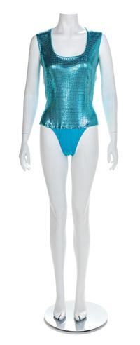 Atelier Versace Blue Jacket with Oroton Bodysuit and Multicolor Disc Skirt, A/W 1994 No size label