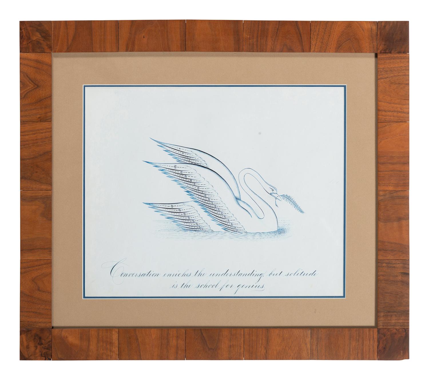 A Framed Penmanship Sample with Swan