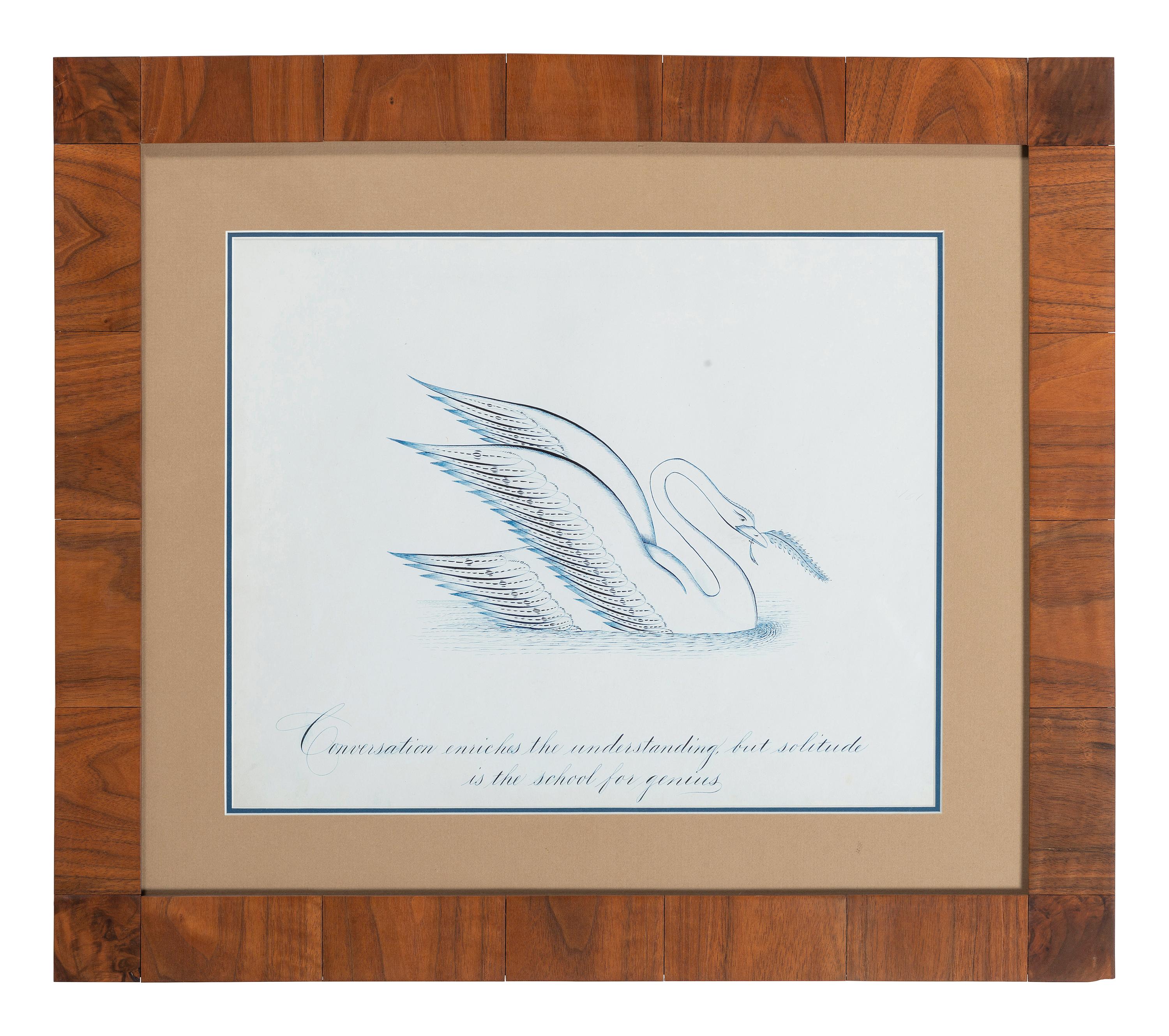 A Framed Penmanship Sample with Swan