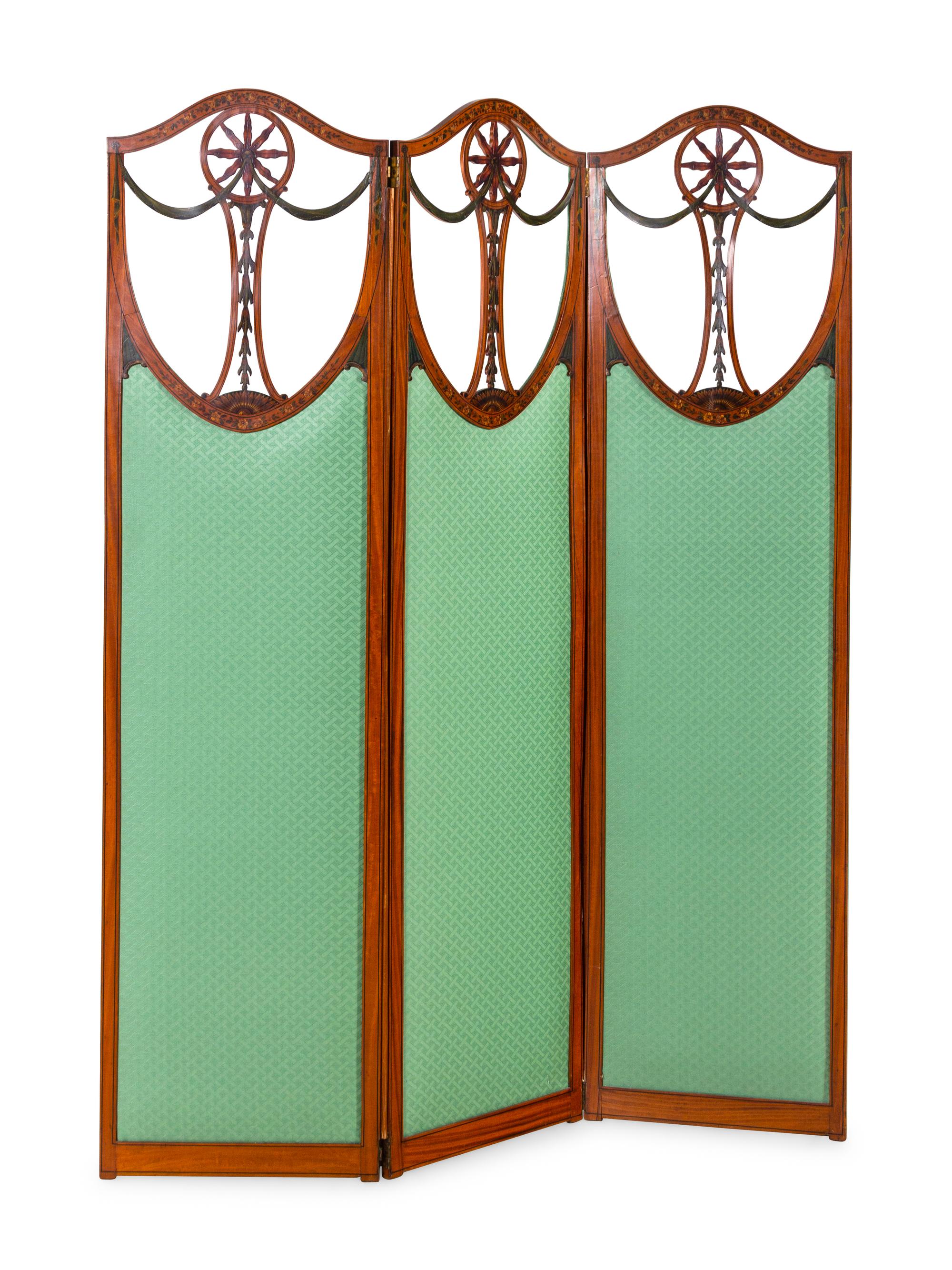 An Edwardian Painted Satinwood Three Panel Floor Screen