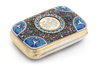 A Russian Enameled Silver Cigarette Case, Mark of Ivan Khlebnikov with imperial warrant, Moscow, 1882, the case worked with foliate and