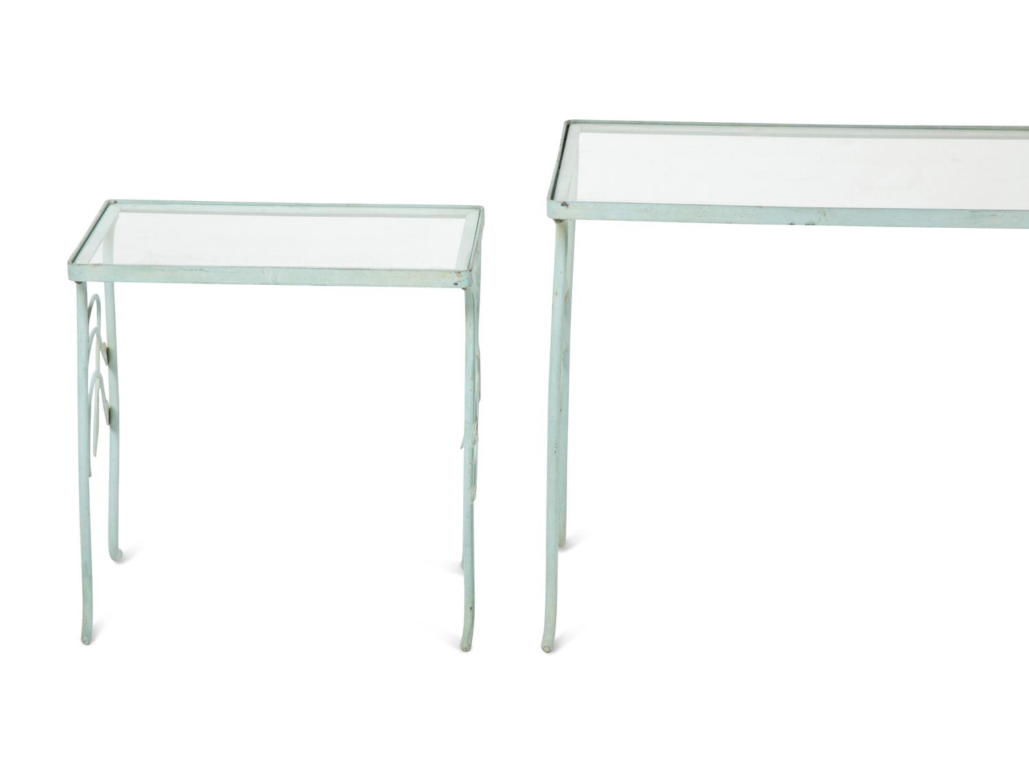 A Nest of Three Salterini Laurel Wrought Iron and Glass Top Tables