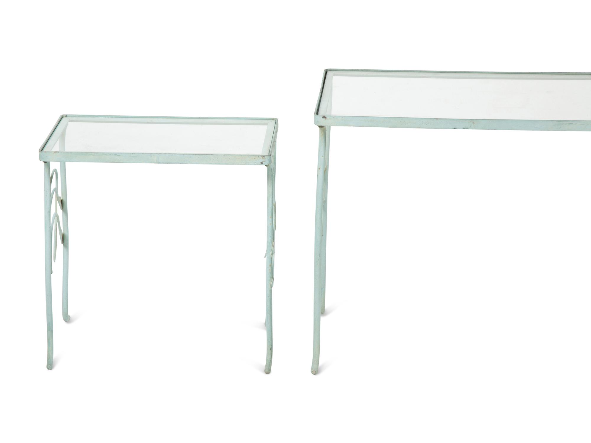 A Nest of Three Salterini Laurel Wrought Iron and Glass Top Tables