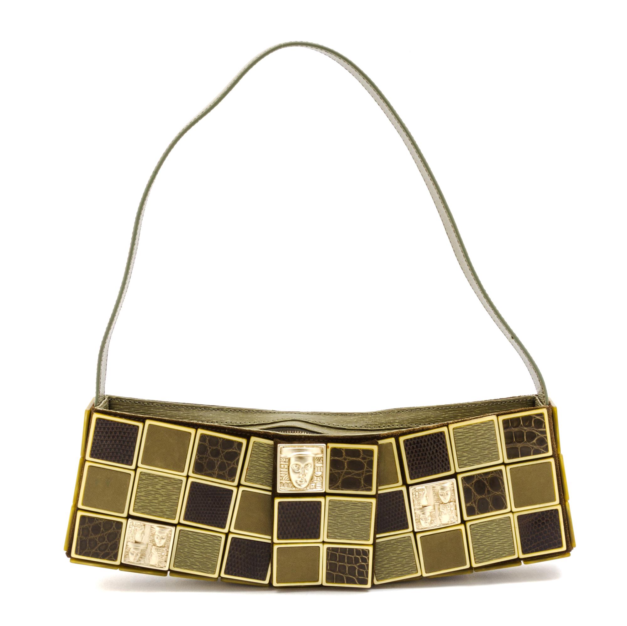 A Barry Kieselstein-Cord Olive Leather Women of the World Bag, 12 1/2 x 4 x 1 1/2 inches.