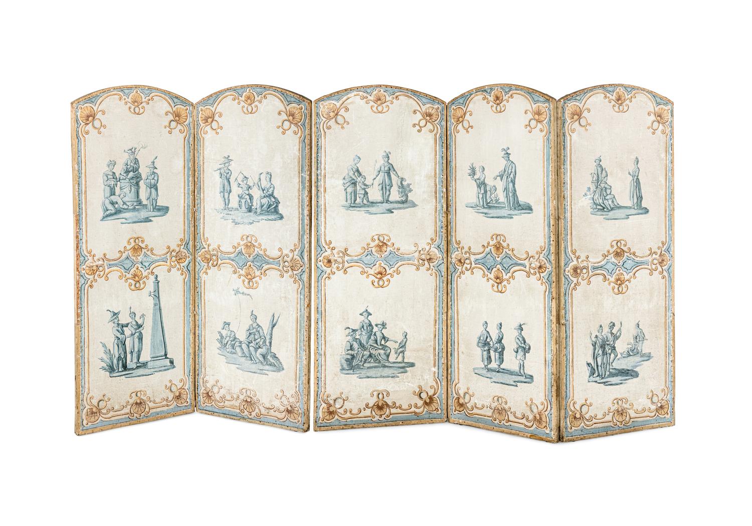 A Louis XV Painted Canvas Five-Panel Floor Screen