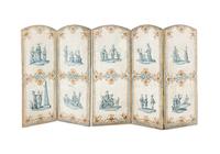 A Louis XV Painted Canvas Five-Panel Floor Screen