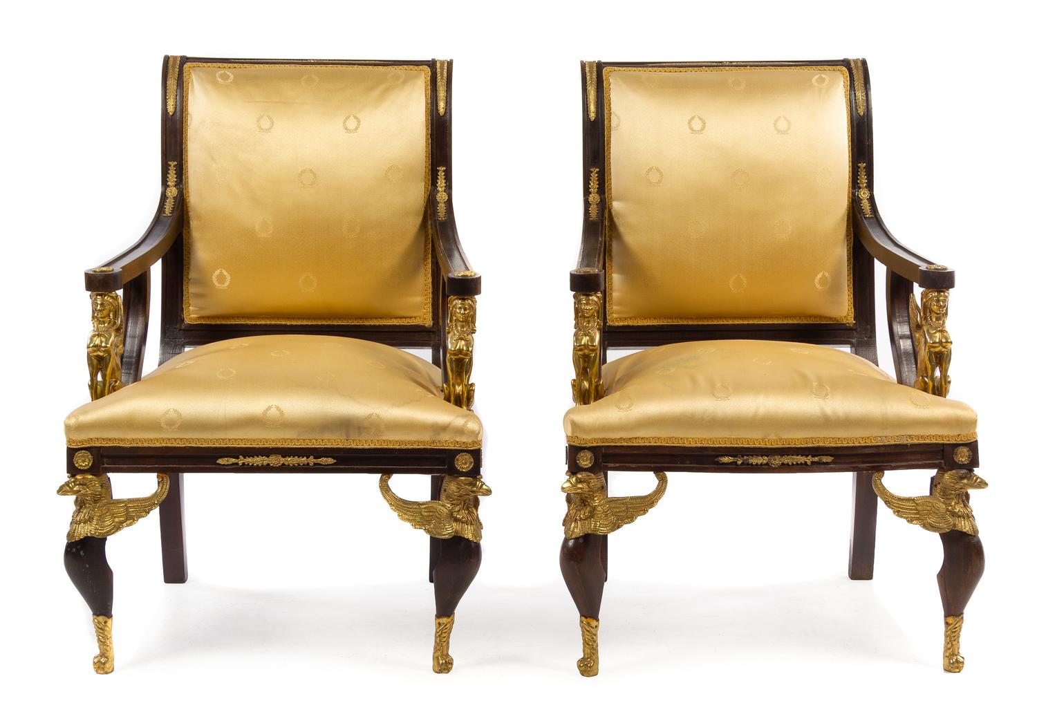 A Pair of Empire Style Gilt Bronze Mounted Fauteuils Height 40 1/4 inches. — 20TH CENTURY
