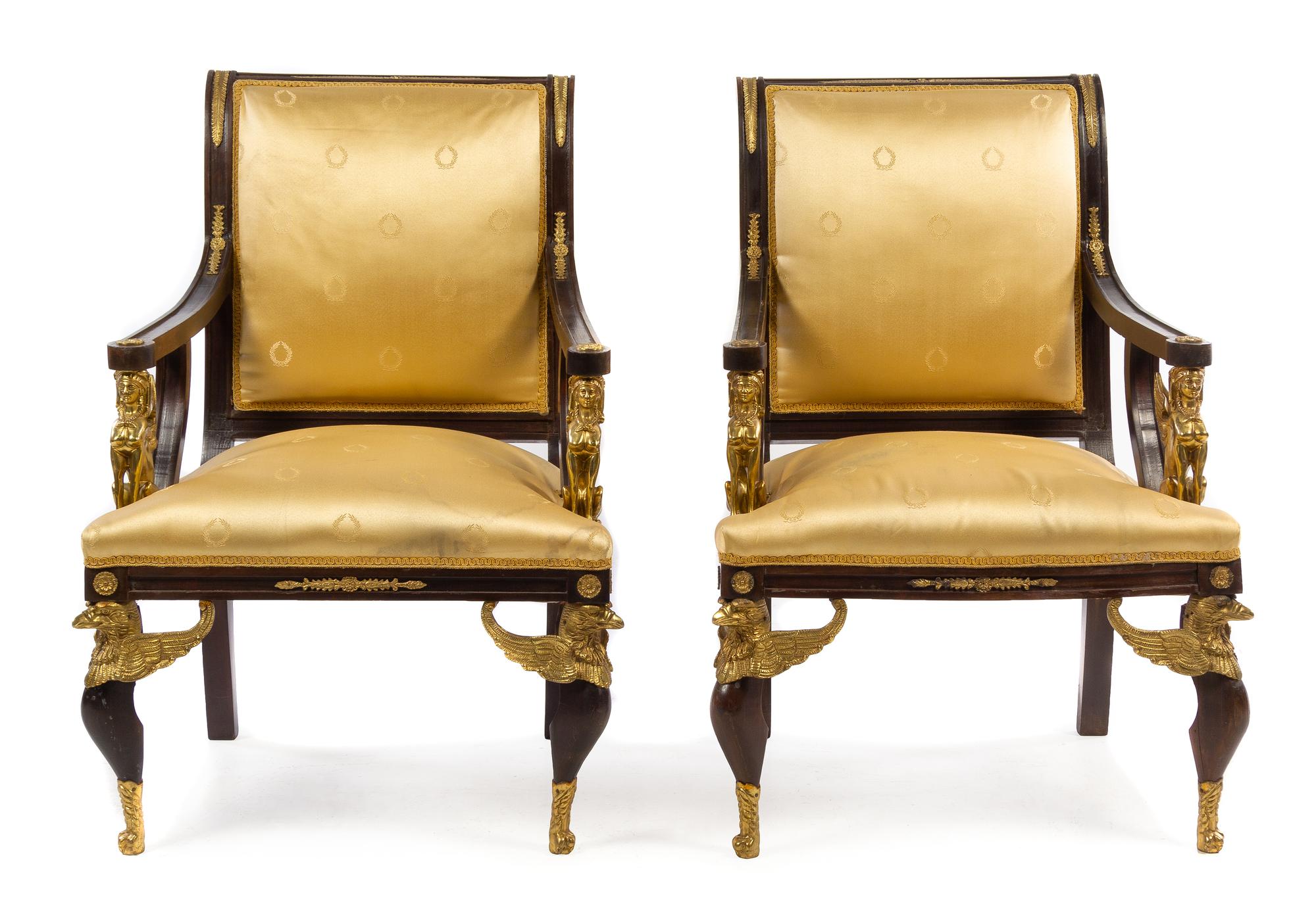 A Pair of Empire Style Gilt Bronze Mounted Fauteuils Height 40 1/4 inches. — 20TH CENTURY