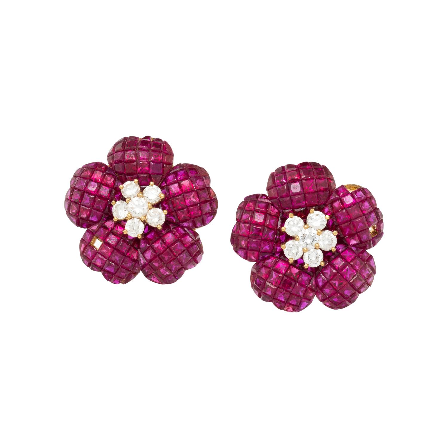 RUBY AND DIAMOND FLOWER EARRINGS