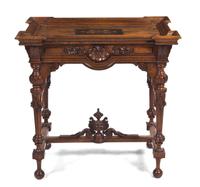 An English Walnut Marquetry Tea Table, Height 29 3/4 x width 29 3/4 x depth 20 inches.