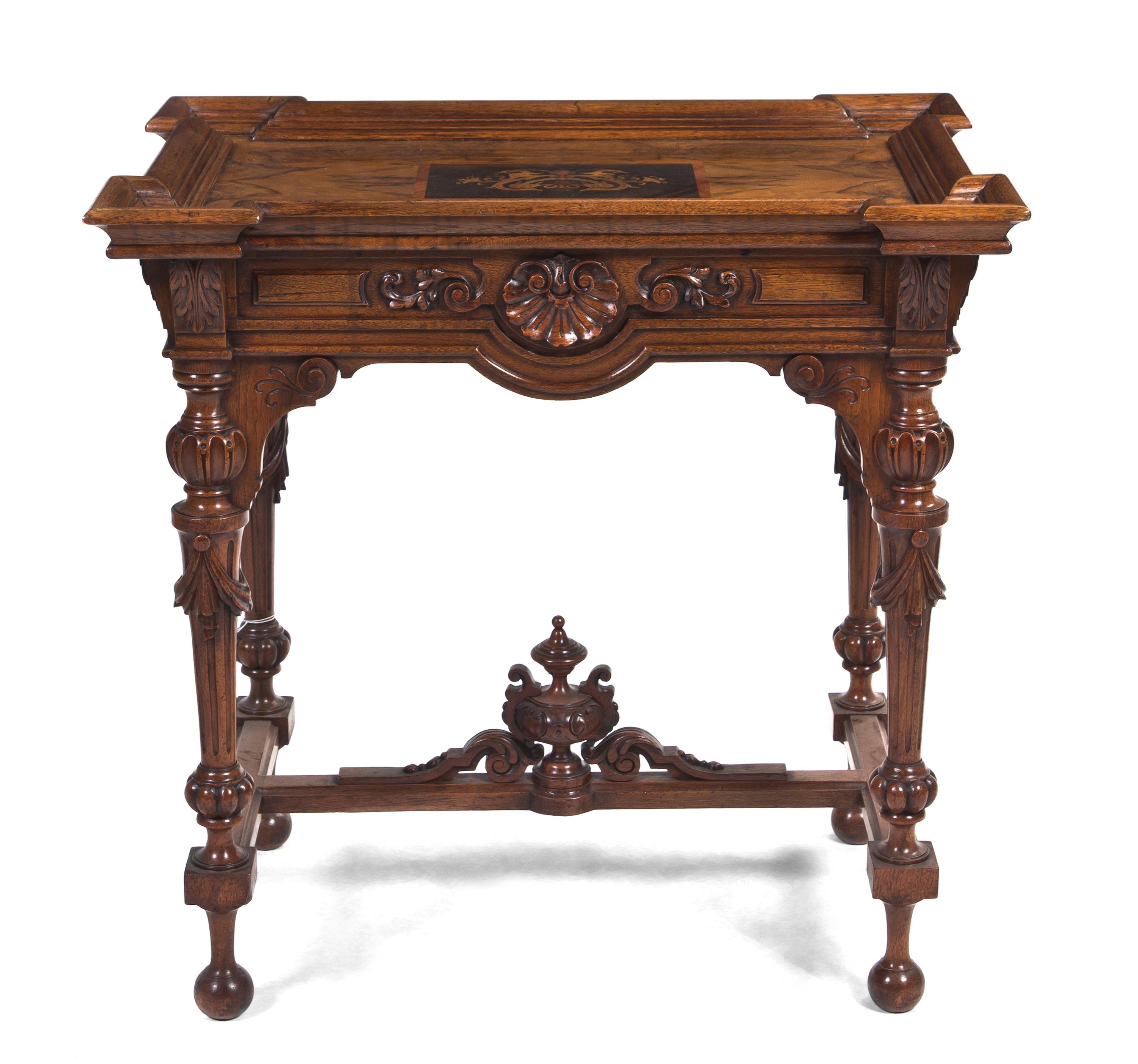 An English Walnut Marquetry Tea Table, Height 29 3/4 x width 29 3/4 x depth 20 inches.