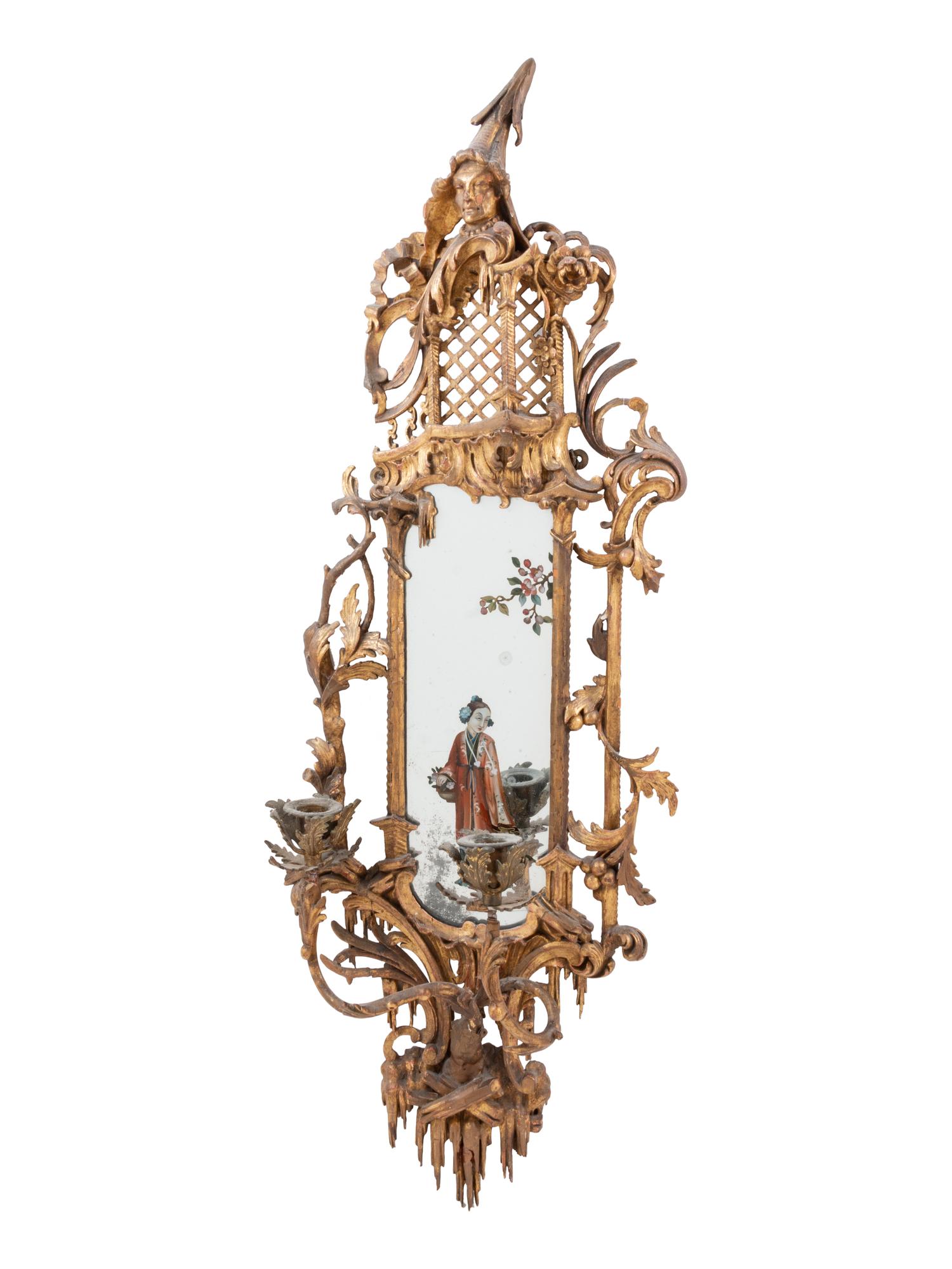 A Pair of Chinese Chippendale Giltwood and Reverse-Painted Glass Mirrors