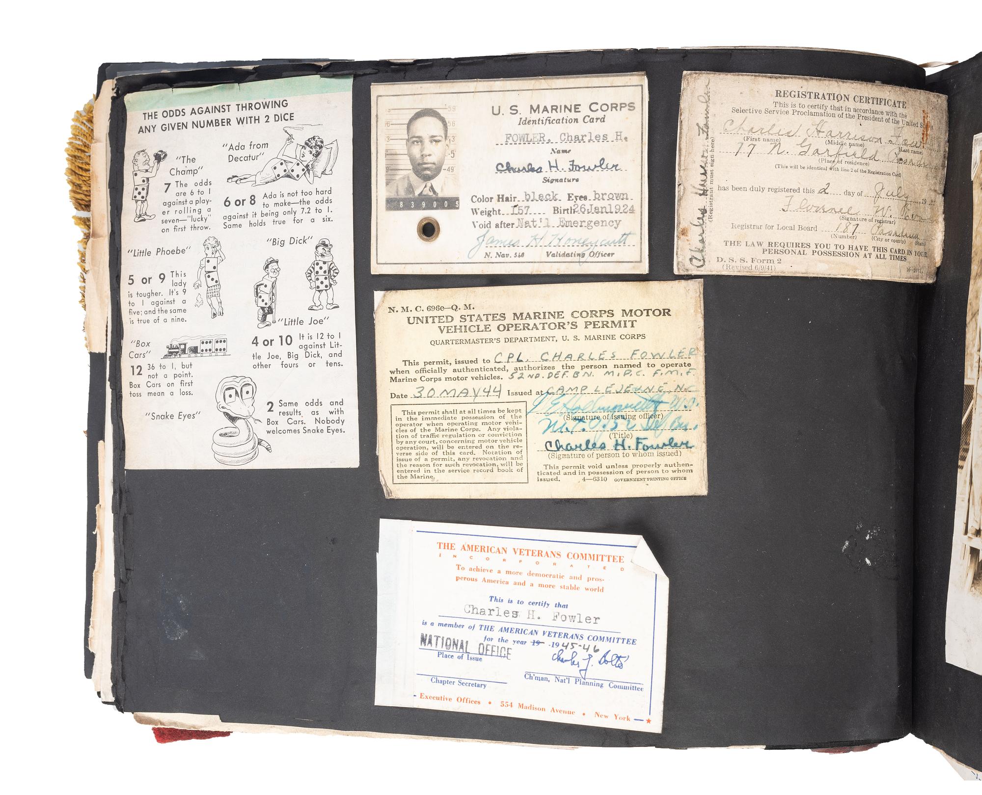 [WORLD WAR II]. Extensive US Marine Corps album identified to African American Corporal Charles H. Fowler, 52nd Defense Battalion, USMC, who trained at Montford Point, Camp Lejeune, North Carolina.