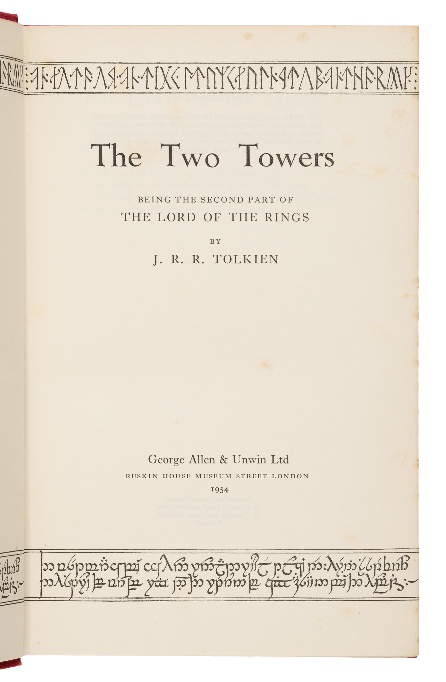 Tolkien, J.R.R. (1892-1973). [The Lord of the Rings trilogy:] The Fellowship of the Ring . 1954. -- The Two Towers . 1954. -- The Return of the King . 1955. All London: Allen & Unwin Ltd.