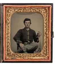 [CIVIL WAR]. Sixth plate tintype portrait of a Union soldier doubly armed with an 1840 light artillery saber and spur trigger pocket pistol.