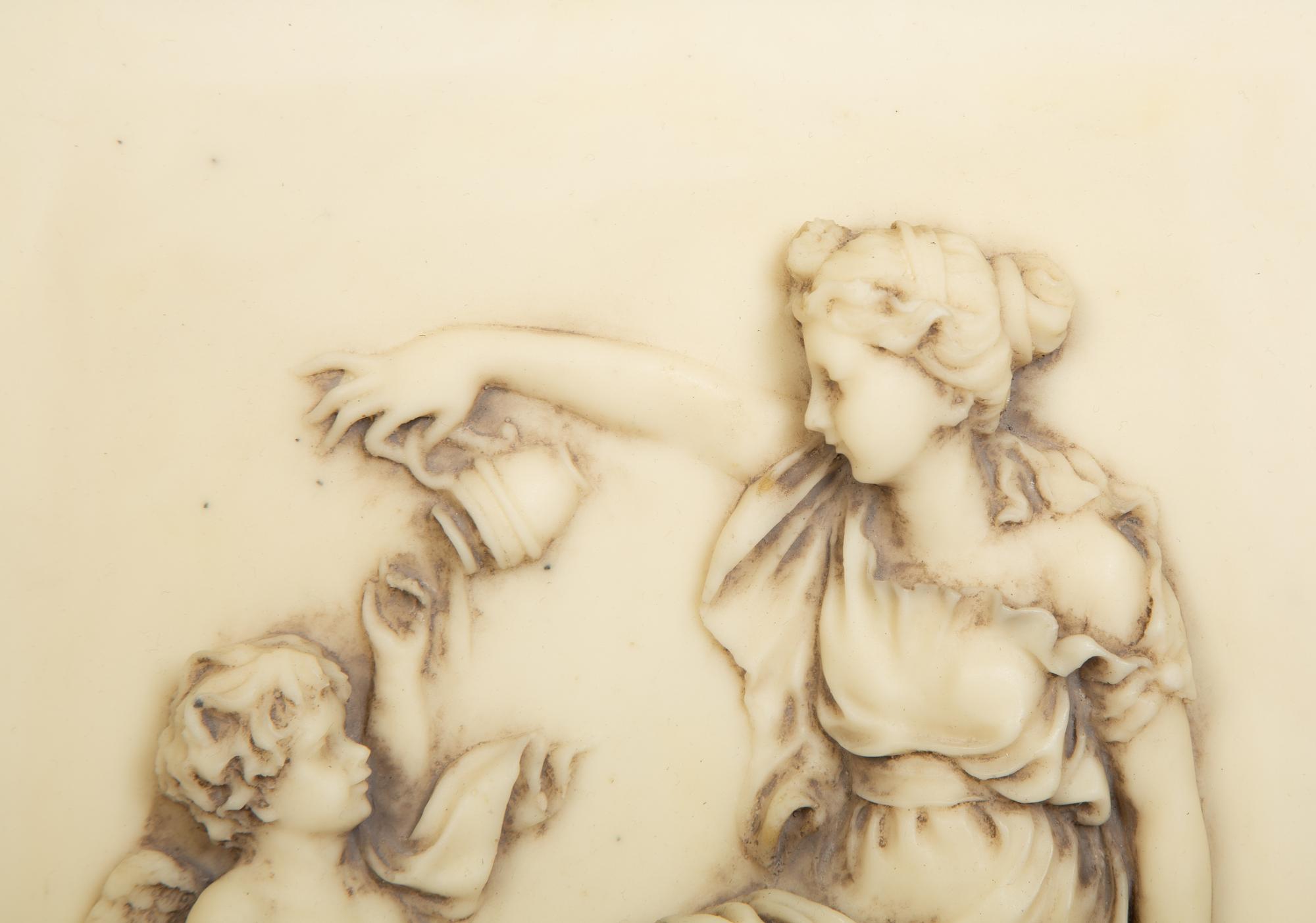 Four Faux Marble Resin Bas Relief Panels of Putti and Classical Figures