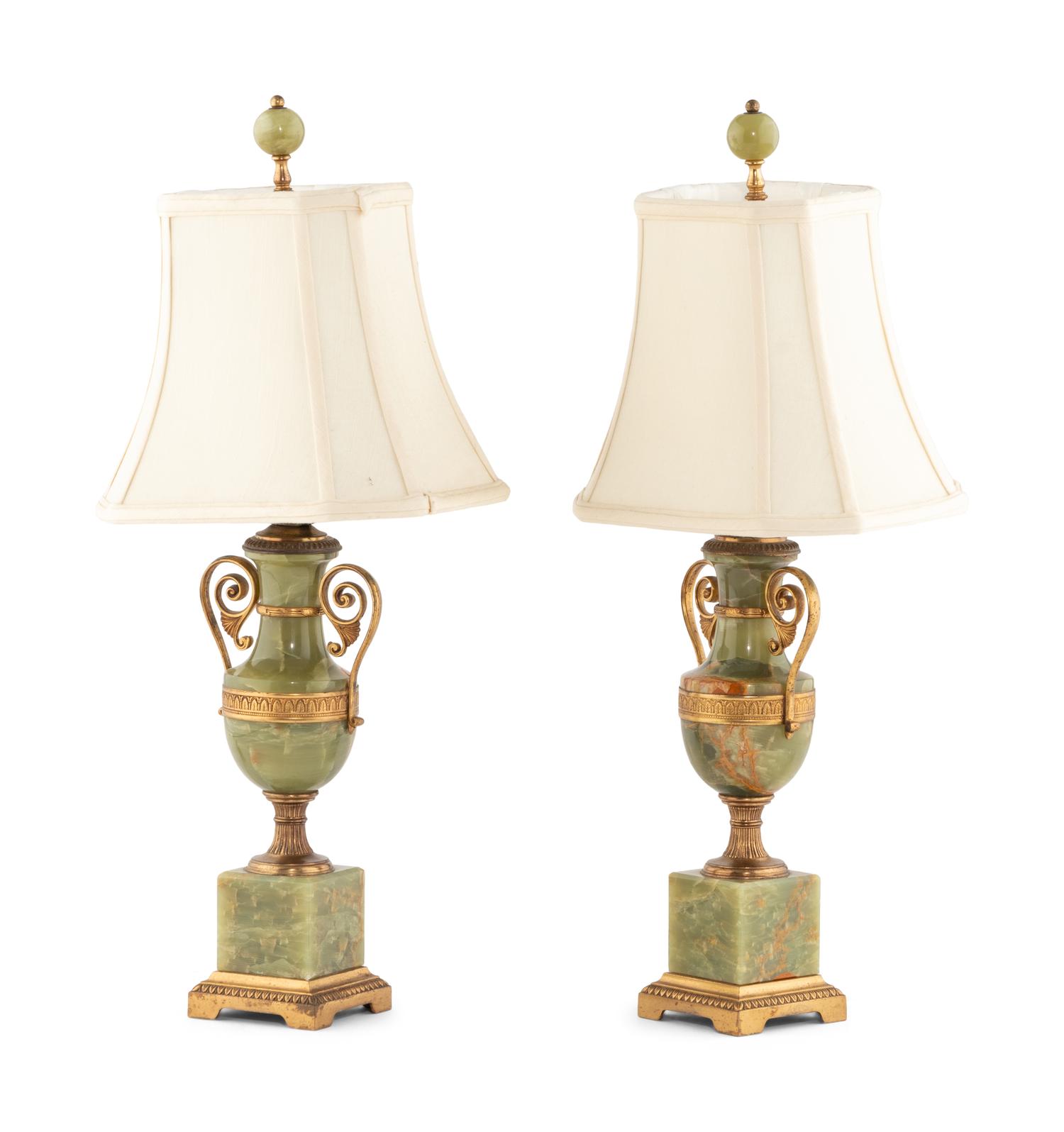 A Pair of Gilt Bronze Mounted Onyx Urn-Form Table Lamps