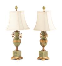 A Pair of Gilt Bronze Mounted Onyx Urn-Form Table Lamps