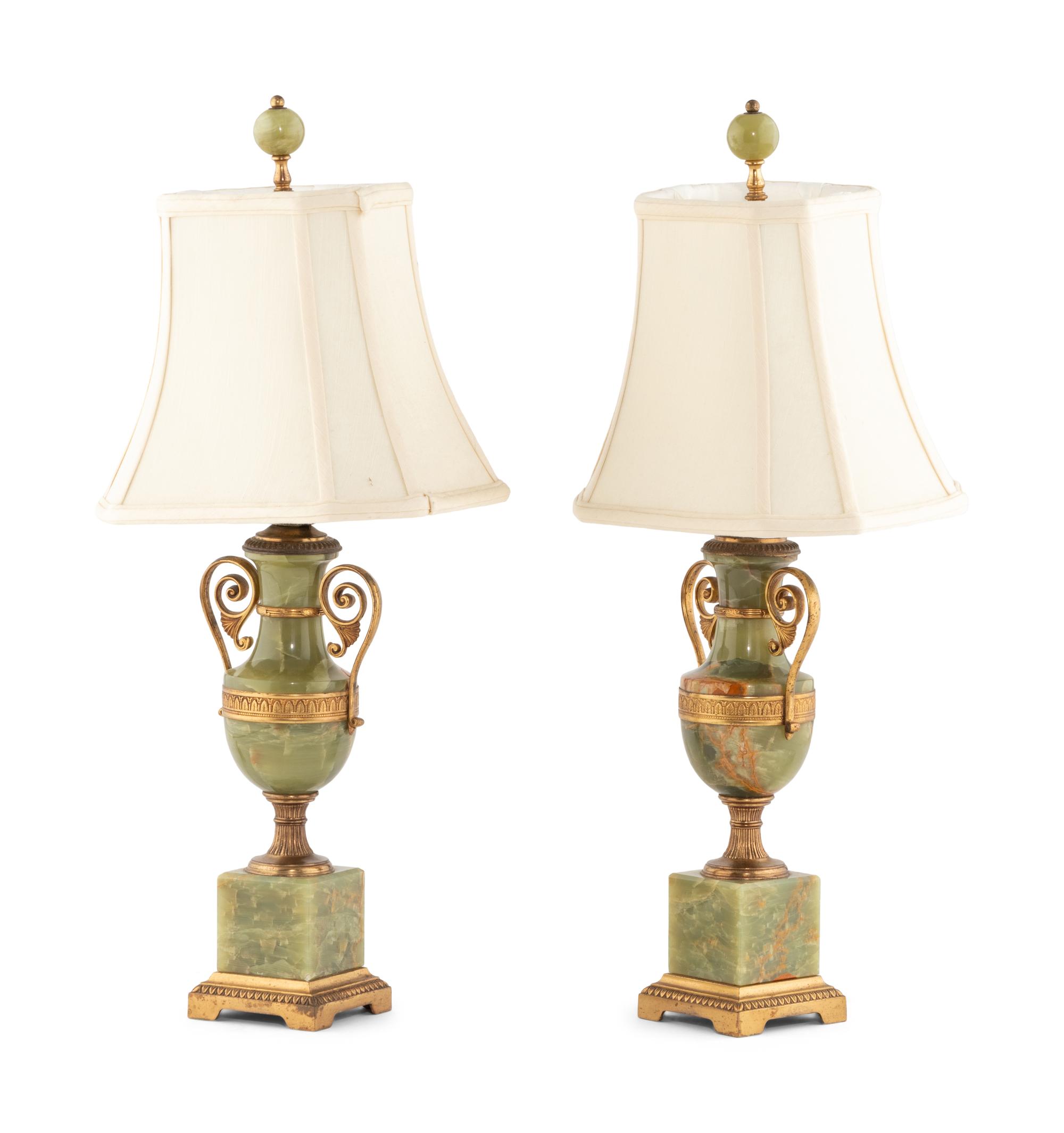 A Pair of Gilt Bronze Mounted Onyx Urn-Form Table Lamps