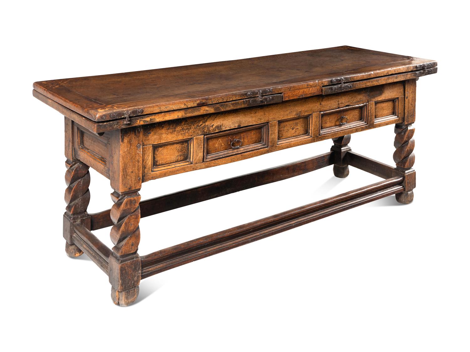A Swiss Baroque Walnut and Hollywood Marquetry Draw-Leaf Table