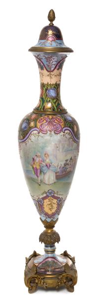 A Sevres Gilt Bronze Mounted Porcelain Urn Height 32 inches.