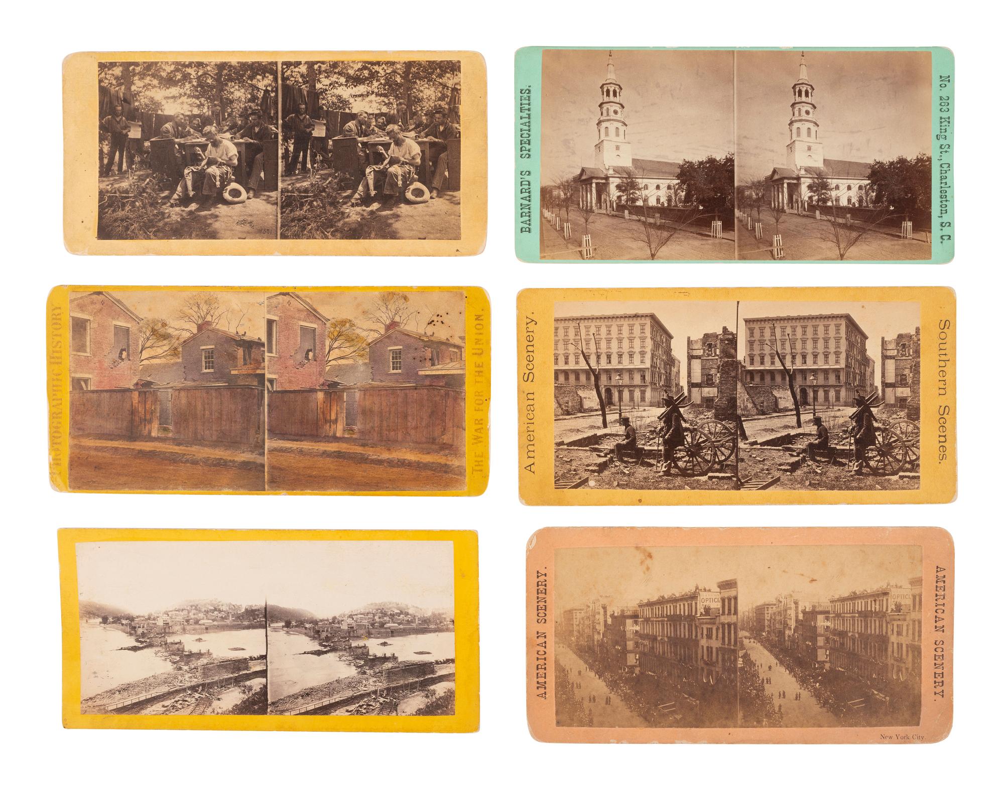 [CIVIL WAR]. 6 stereoviews, incl. images of Harpers Ferry, ruins of Charleston, and camp life.