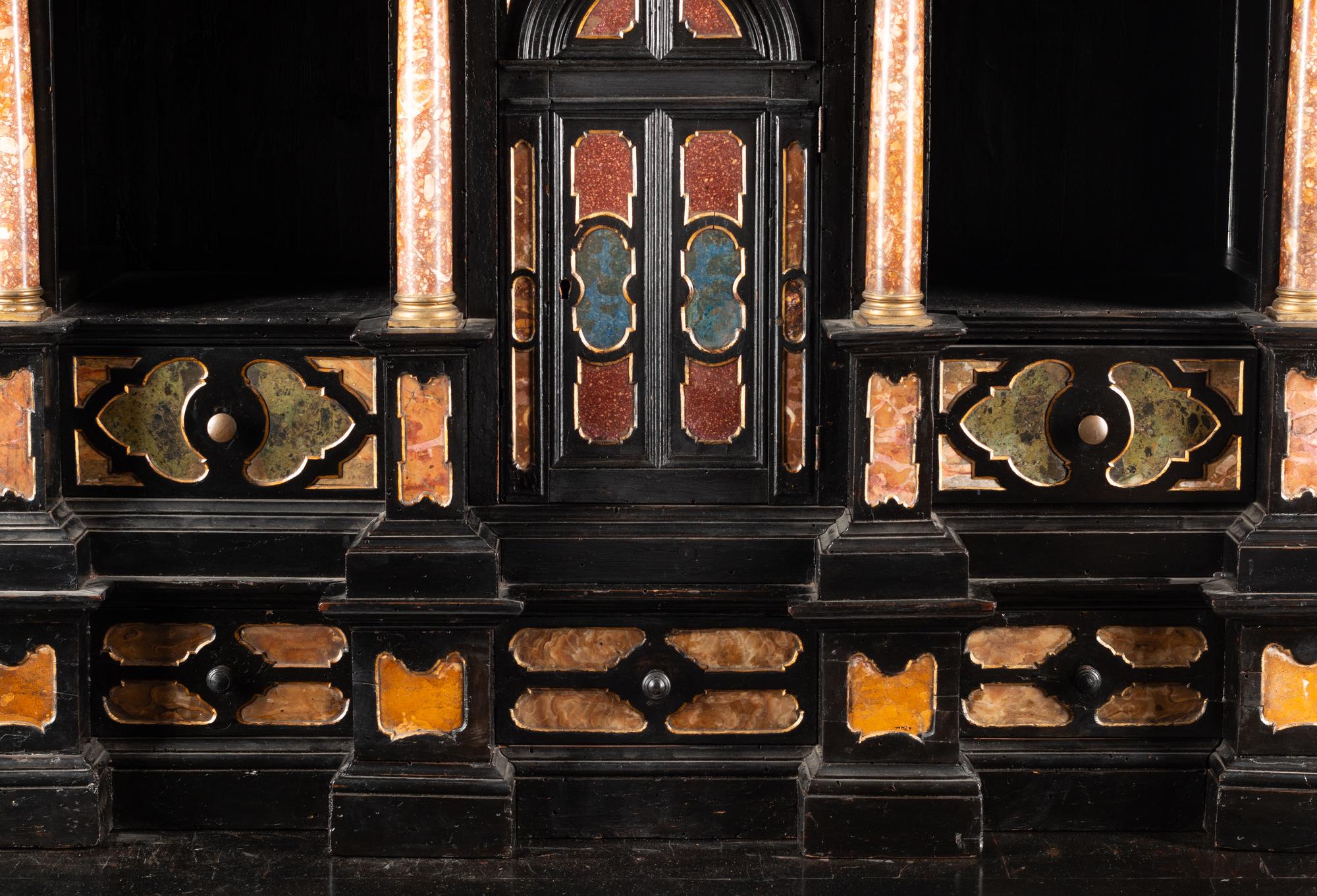 A Florentine Specimen Marble-Inset Ebonized Collector's Cabinet on Stand