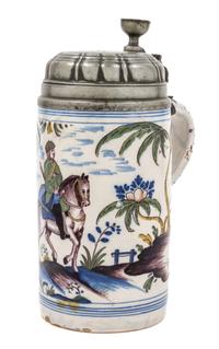 A Delft Pewter Mounted Polychrome Tankard Height 10 inches. — 18TH CENTURY