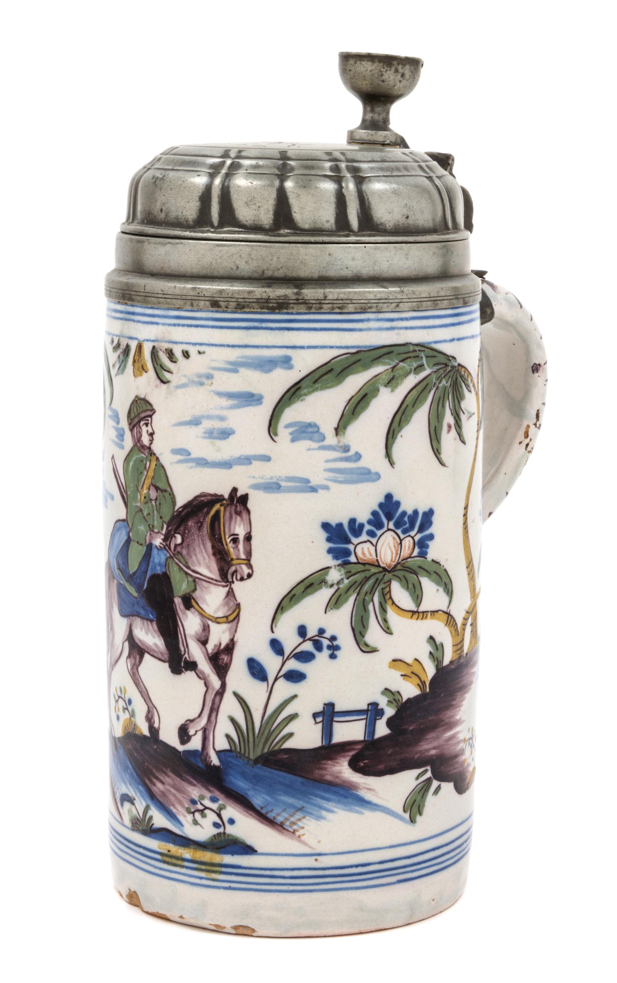 A Delft Pewter Mounted Polychrome Tankard Height 10 inches. — 18TH CENTURY