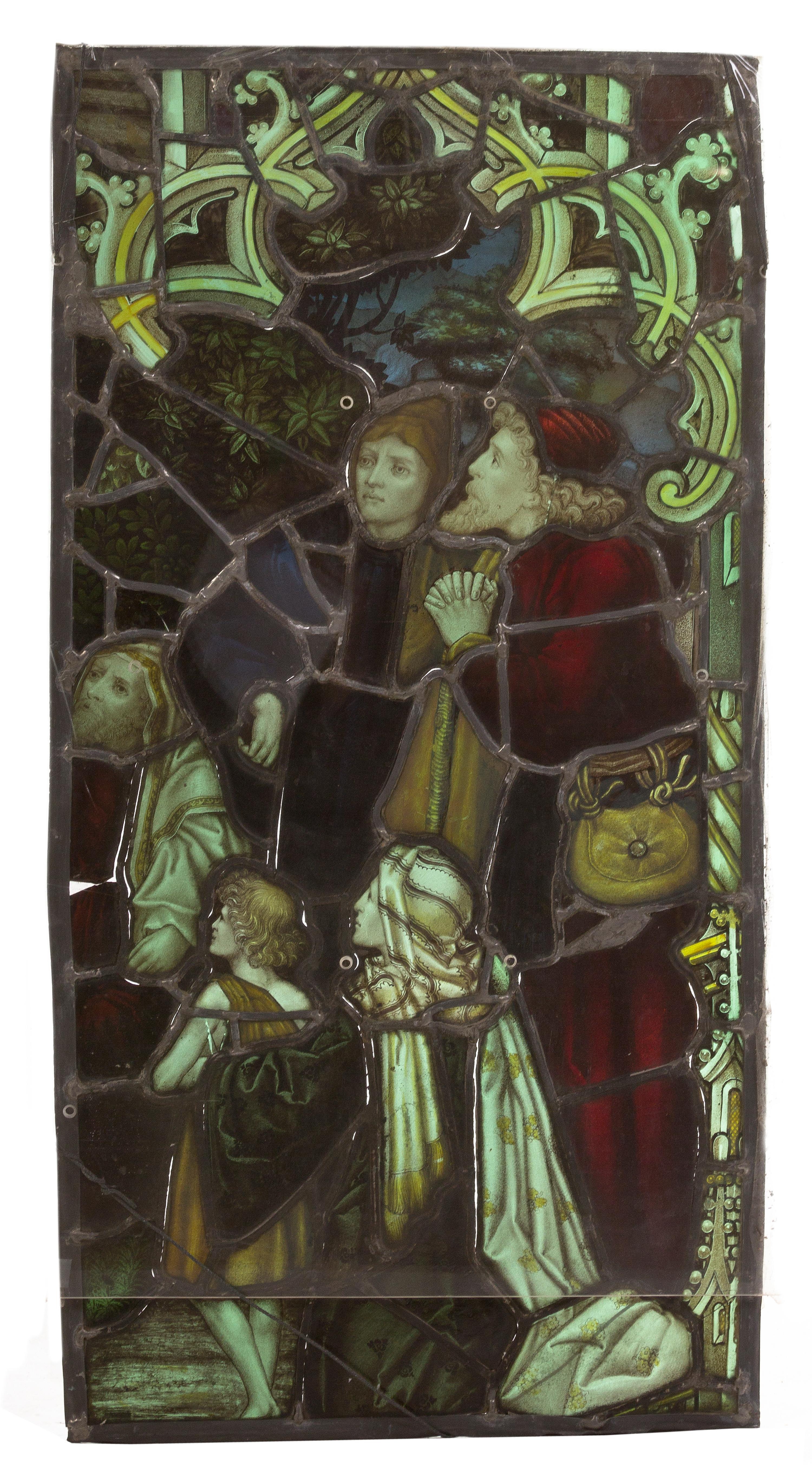 A Continental Leaded and Stained Glass Window, Height 37 x width 19 inches.