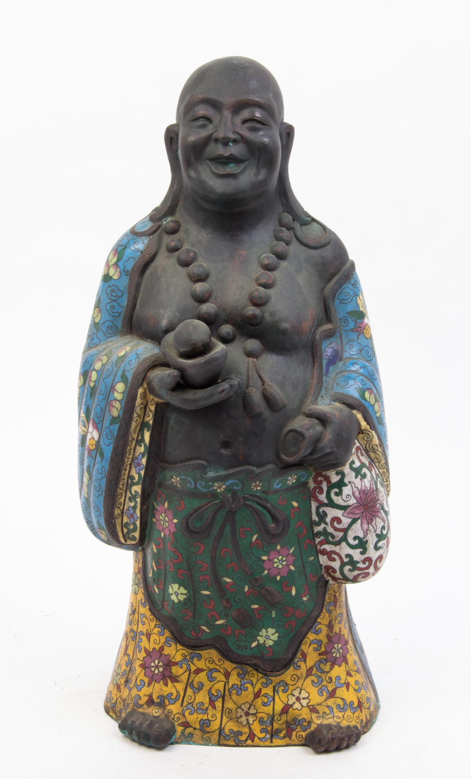 A Cloisonne Decorated Cast Metal Figure of a Hotei Height 18 1/4 inches.