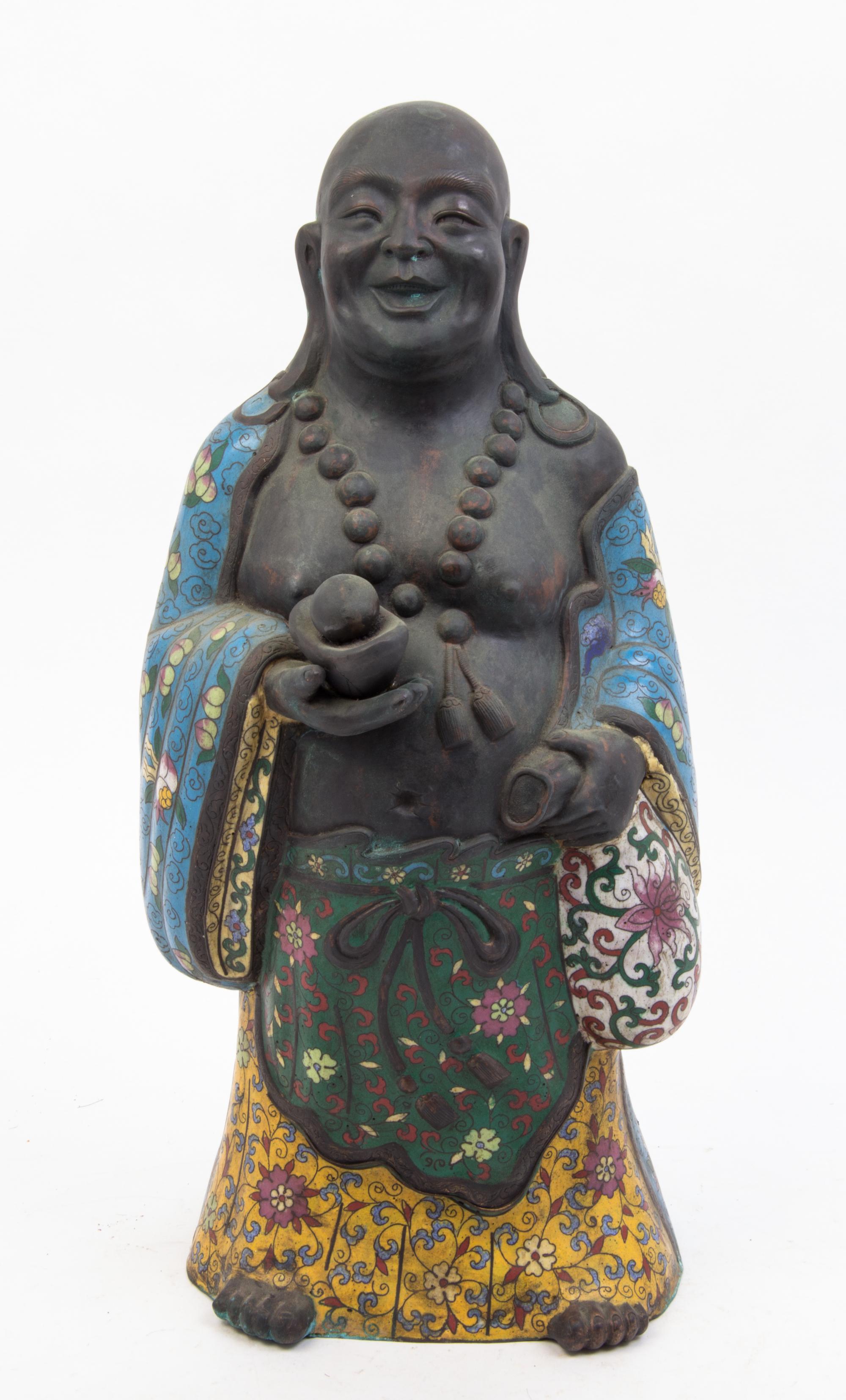 A Cloisonne Decorated Cast Metal Figure of a Hotei Height 18 1/4 inches.