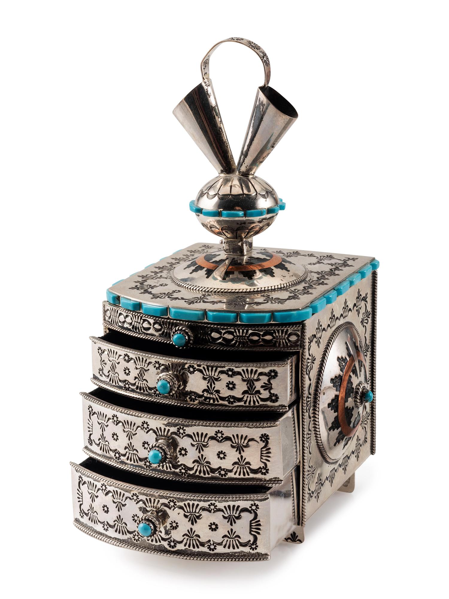 Heavily Stamped Sterling Silver Jewelry Box, Set with Turquoise
